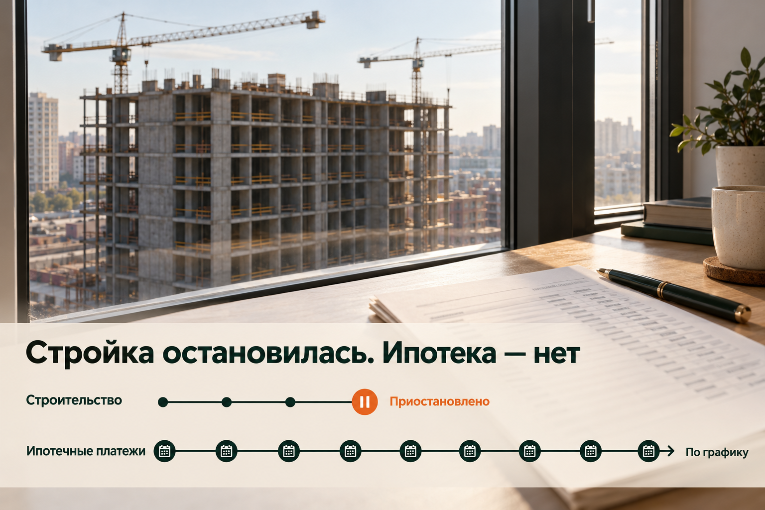 Стройка остановилась, ипотека — нет: линия строительства приостановлена, а ипотечные платежи продолжаются по графику.